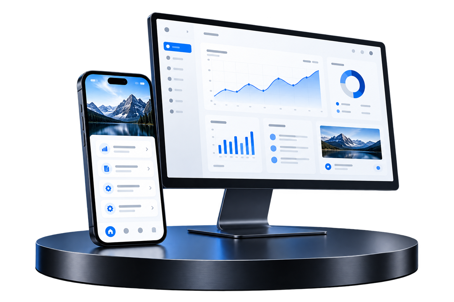 Studio visualisation of a mobile app and desktop content management system